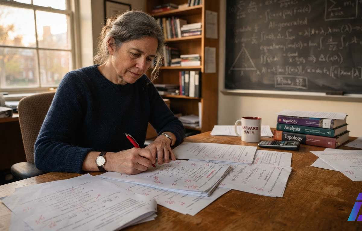 Mão de uma pesquisadora corrigindo com caneta vermelha folhas impressas de uma longa demonstração matemática espalhadas sobre uma mesa de madeira, com uma lousa cheia de fórmulas ao fundo sob luz de fim de tarde