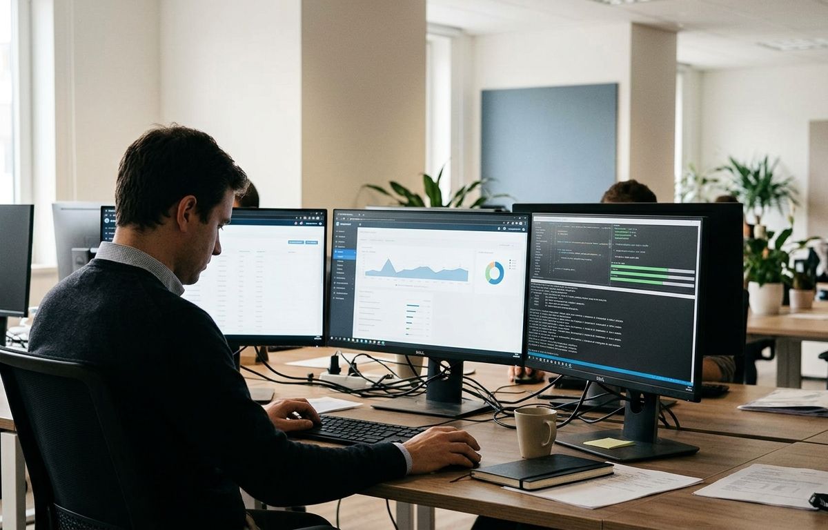 Profissional visto de costas ou de perfil sutil em escritório contemporâneo iluminado, observando telas de computador com gráficos e painéis de métricas digitais sem texto legível.