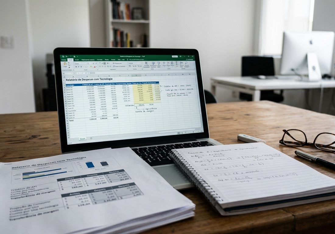 Mesa de trabalho clara com notebook aberto exibindo gráficos e planilhas desfocados, acompanhado de calculadora, caneta e bloco de anotações