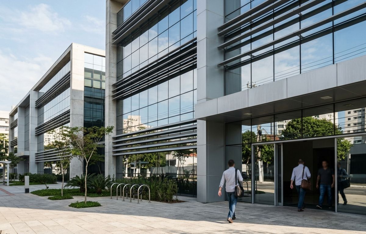 Fachada espelhada e contemporânea de um edifício comercial de tecnologia sob a luz natural de um dia claro.