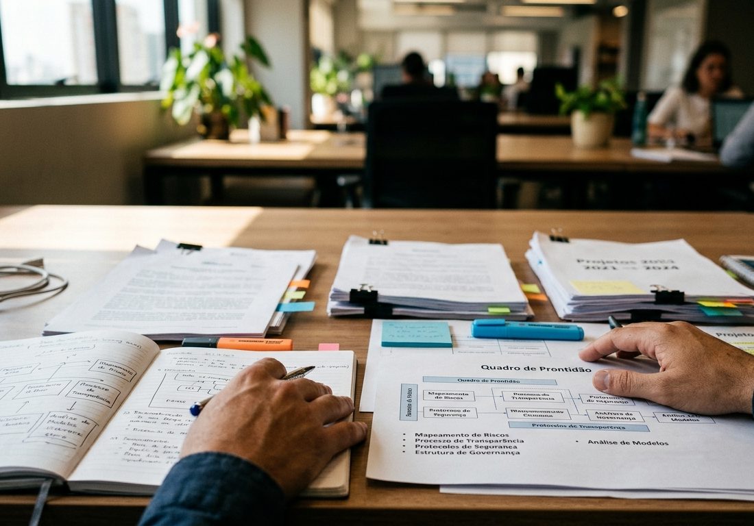 Mesa de trabalho com relatórios impressos, caneta e anotações técnicas sobrepostas a um teclado de computador em ambiente de escritório iluminado.