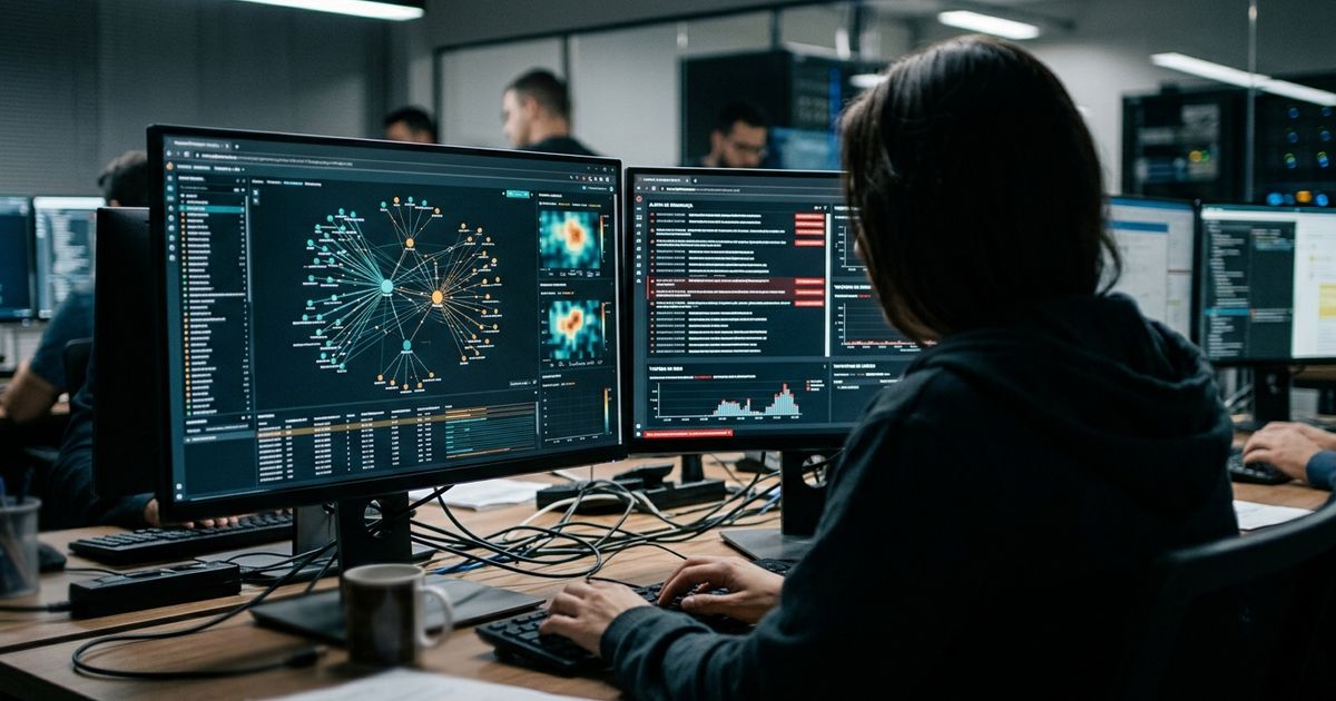 Sala de centro de operações de segurança cibernética com fileiras de monitores exibindo gráficos de tráfego de rede e alertas de acesso não autorizado, iluminada por luz ambiente fria e reflexos nas telas