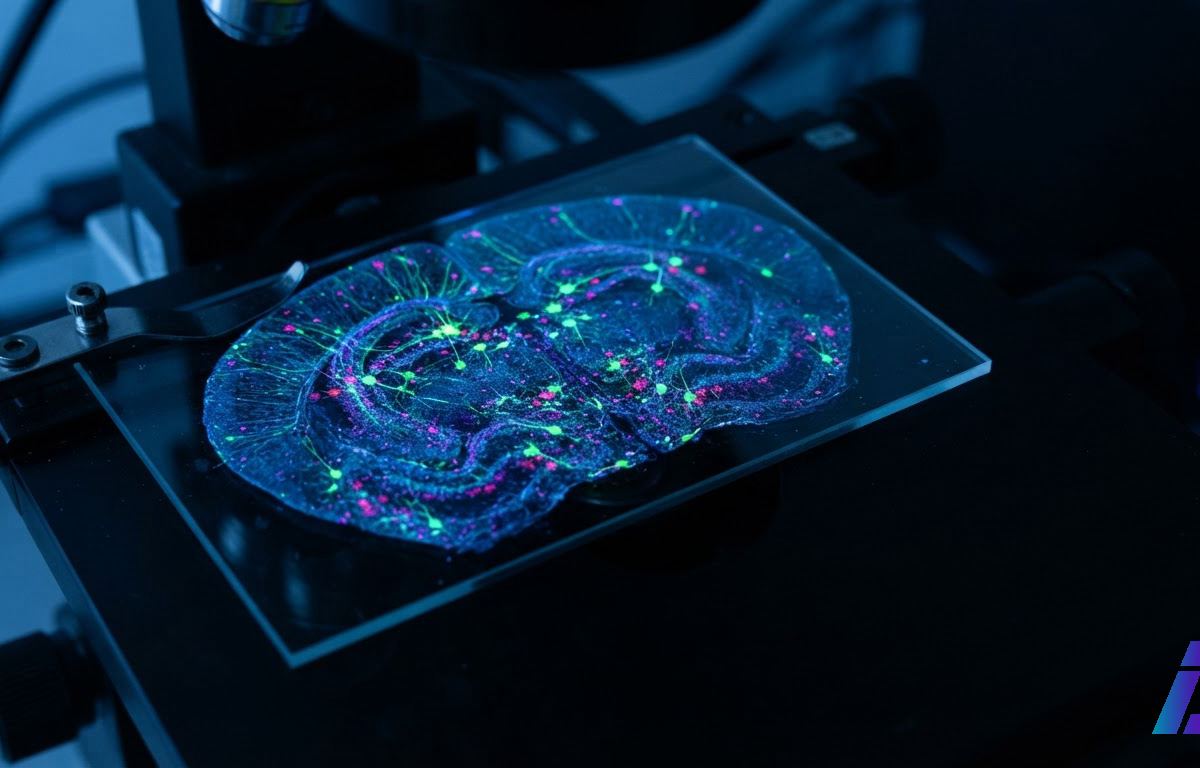 Corte fino de cérebro de camundongo sobre lâmina de vidro sob microscópio de fluorescência, com milhares de células marcadas em cores diferentes e iluminação azulada