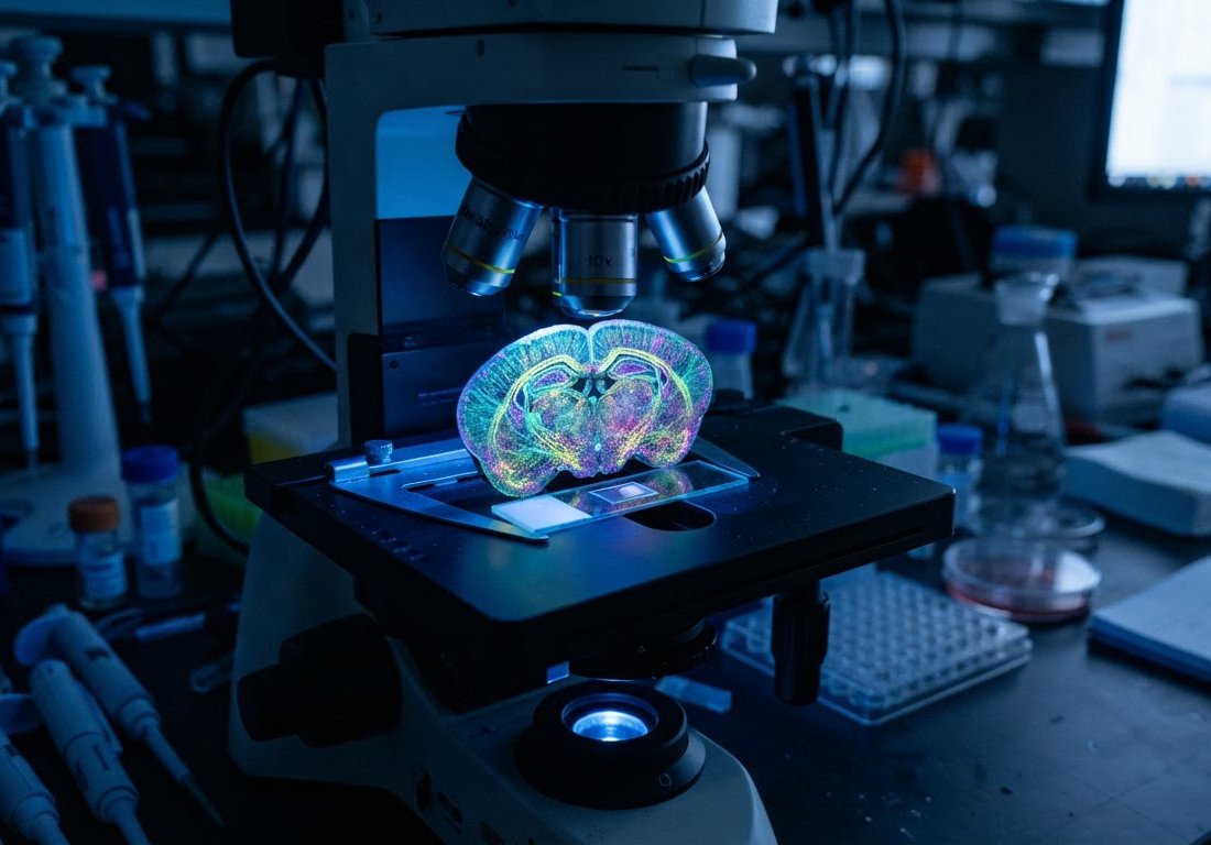 Lâmina de microscópio com corte de cérebro de camundongo exibindo células fluorescentes em tons de verde, azul e magenta, sobre bancada de laboratório iluminada por luz azulada