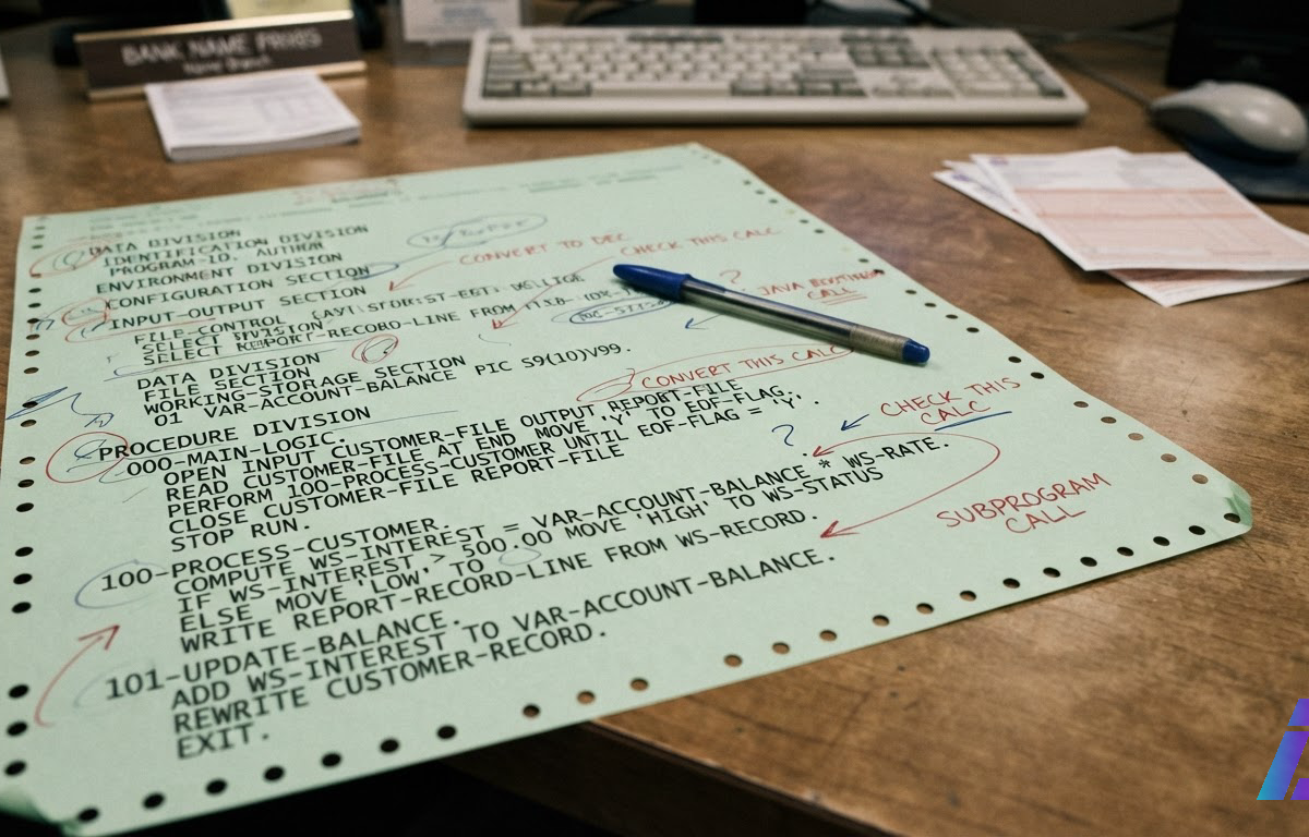 Listagem impressa de programa COBOL em formulário contínuo, com trechos marcados a caneta, sobre mesa de agência bancária iluminada por luz fluorescente