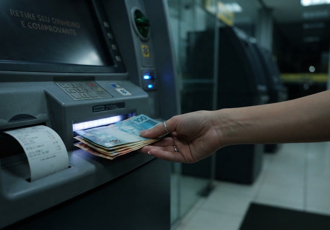 Mão retirando cédulas de real da boca de um caixa eletrônico em agência bancária, com comprovante de saque saindo ao lado, sob luz fria noturna