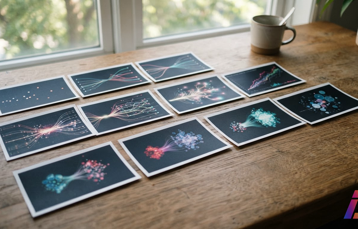 Sequência de frames impressos de uma animação de gráficos em movimento se espalha sobre mesa de madeira iluminada por luz natural de janela, com canto inferior direito livre
