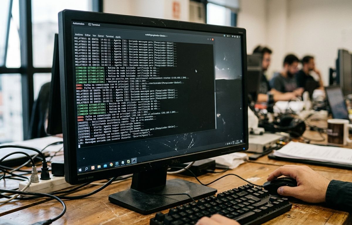 Monitor de computador em mesa de escritório exibindo linhas de código e registros de terminal em ambiente iluminado por luz natural