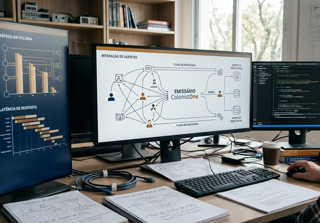 Bancada de trabalho iluminada por luz natural com monitores exibindo esquemas abstratos de redes de dados e gráficos de fluxo de comunicação em primeiro plano desfocado