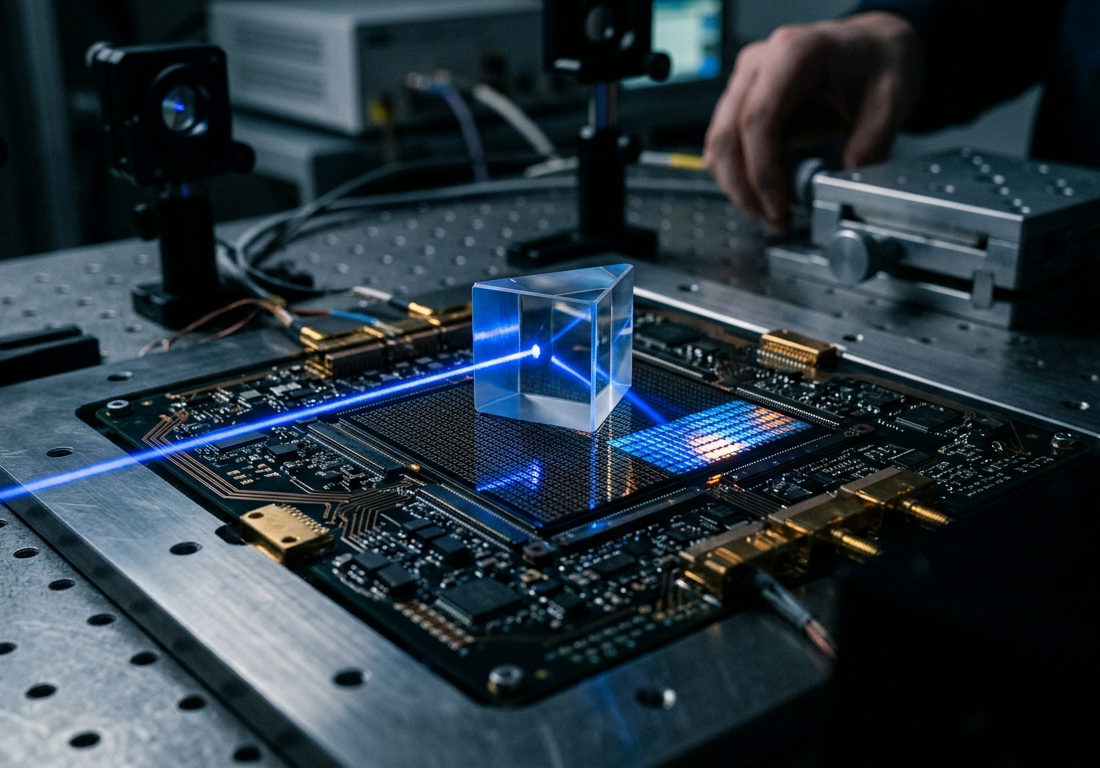 Feixe de luz azul atravessa prisma óptico sobre bancada de alumínio e ilumina segmento de semicondutores e microespelhos com reflexos âmbar.