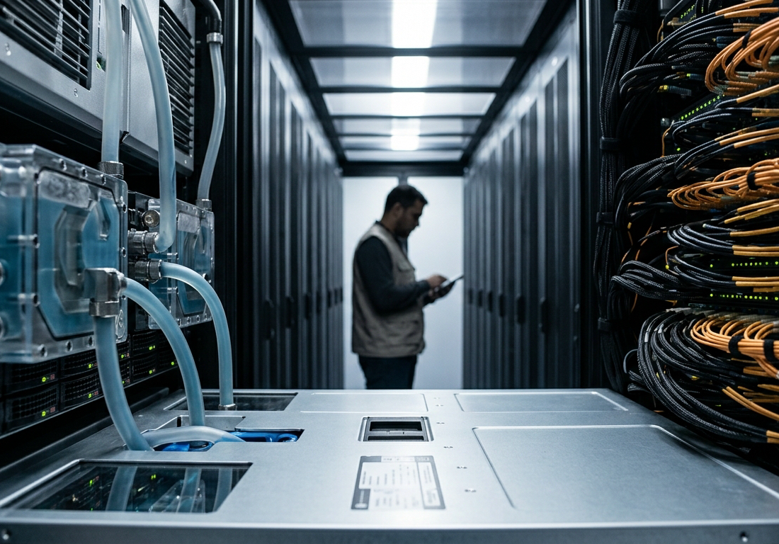 Corredor de centro de dados com racks equipados com resfriamento líquido e cabeamento óptico em primeiro plano, com silhueta de engenheiro ao fundo.