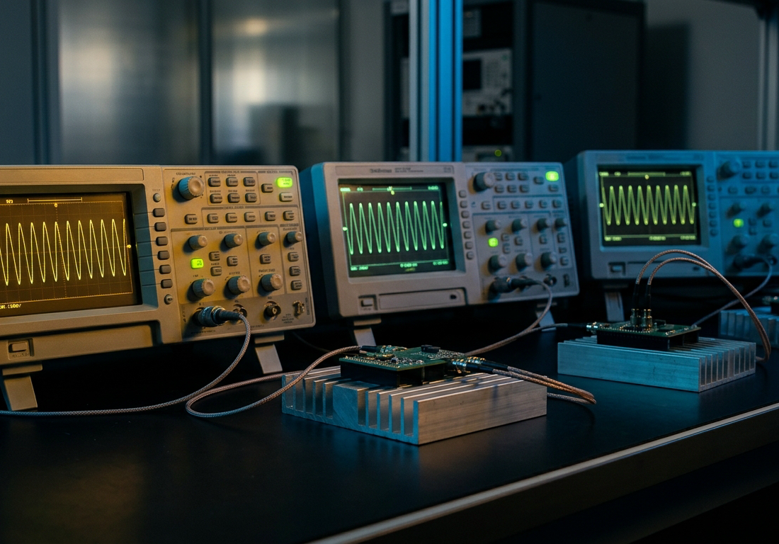 Bancada técnica de laboratório com osciloscópios exibindo ondas de tensão elétrica, cabos trançados e dissipadores de alumínio sob iluminação âmbar e azul.