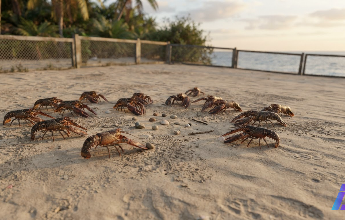 Treze lagostas reunidas na areia de uma ilha deserta, organizadas em torno de marcas e pequenos objetos que formam um jogo improvisado, com limites visíveis da ilha ao fundo sob luz suave de fim de tarde