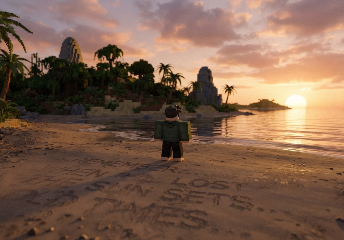 Avatar feito de blocos, sozinho numa praia de ilha virtual ao entardecer, diante de marcas na areia que parecem linhas de anotações parcialmente apagadas pelas ondas