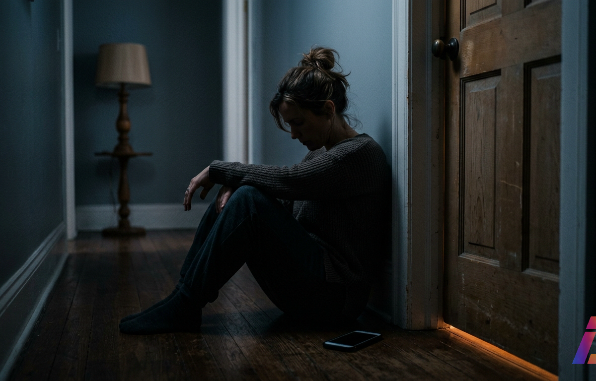 Fotografia noturna em corredor doméstico mostra uma mãe sentada no chão, encostada na parede ao lado da porta fechada do quarto do adolescente, com a mão repousando na maçaneta sem girar. Um celular com a tela virada para baixo e apagada re