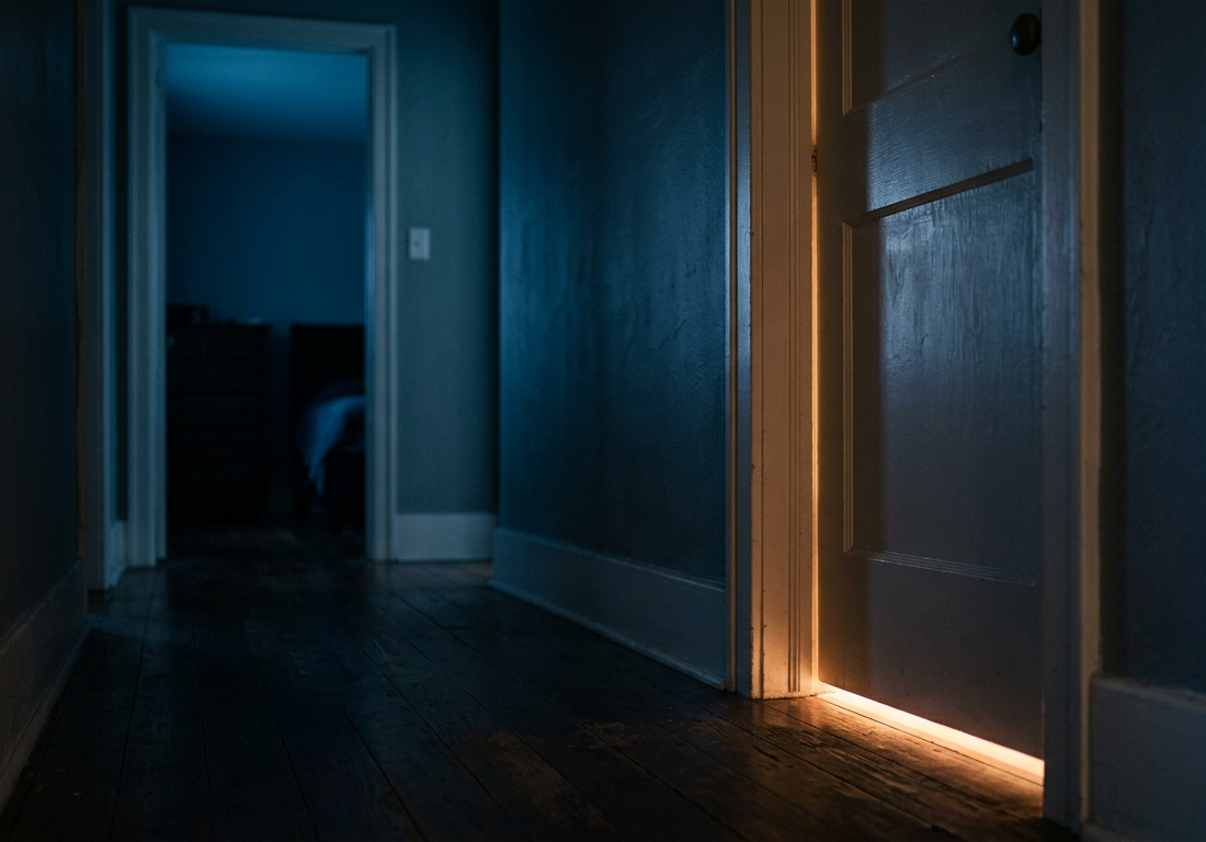 Corredor escuro de uma casa à noite, fotografado na altura dos olhos. Em primeiro plano, a porta fechada de um quarto de adolescente deixa escapar uma fresta de luz quente e amarelada por baixo e nas laterais do batente. Ao fundo, desfocada