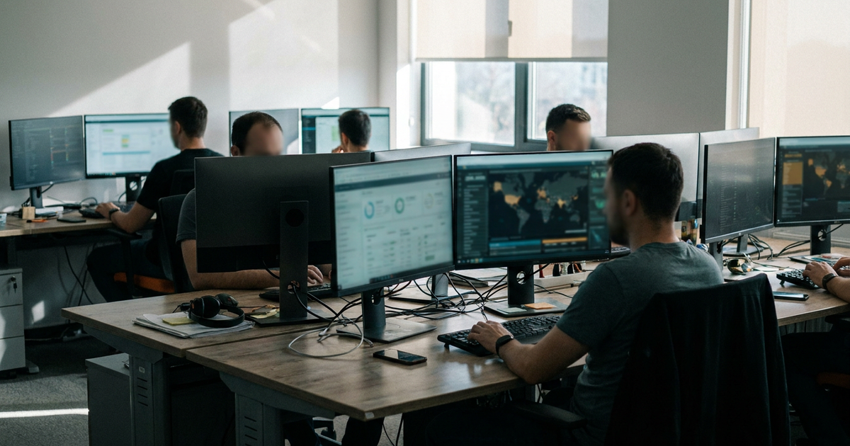 Equipe de segurança acompanha painéis de monitoramento de agentes de IA em telas de escritório