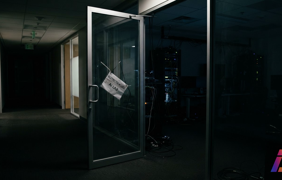 Porta de vidro de laboratório escancarada à noite, com placa de acesso restrito pendurada torta, em corredor corporativo escuro e vazio ao fundo