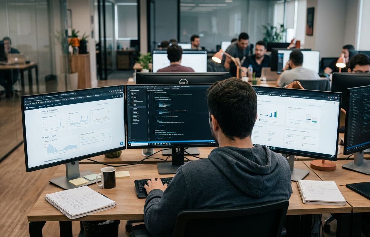 Mesa de trabalho em escritório contemporâneo com monitores exibindo métricas visuais desfocadas, teclado e iluminação natural suave.