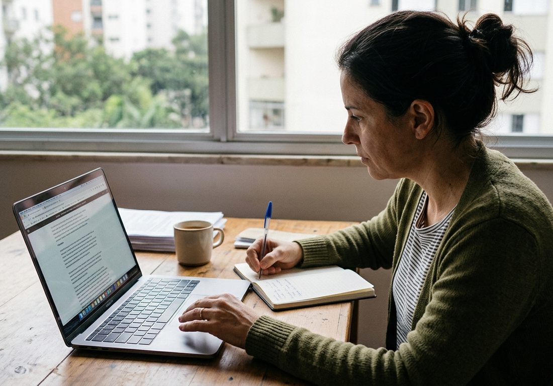 Profissional utilizando computador portátil em mesa de trabalho de madeira clara com iluminação natural suave e foco nas mãos sobre o teclado.