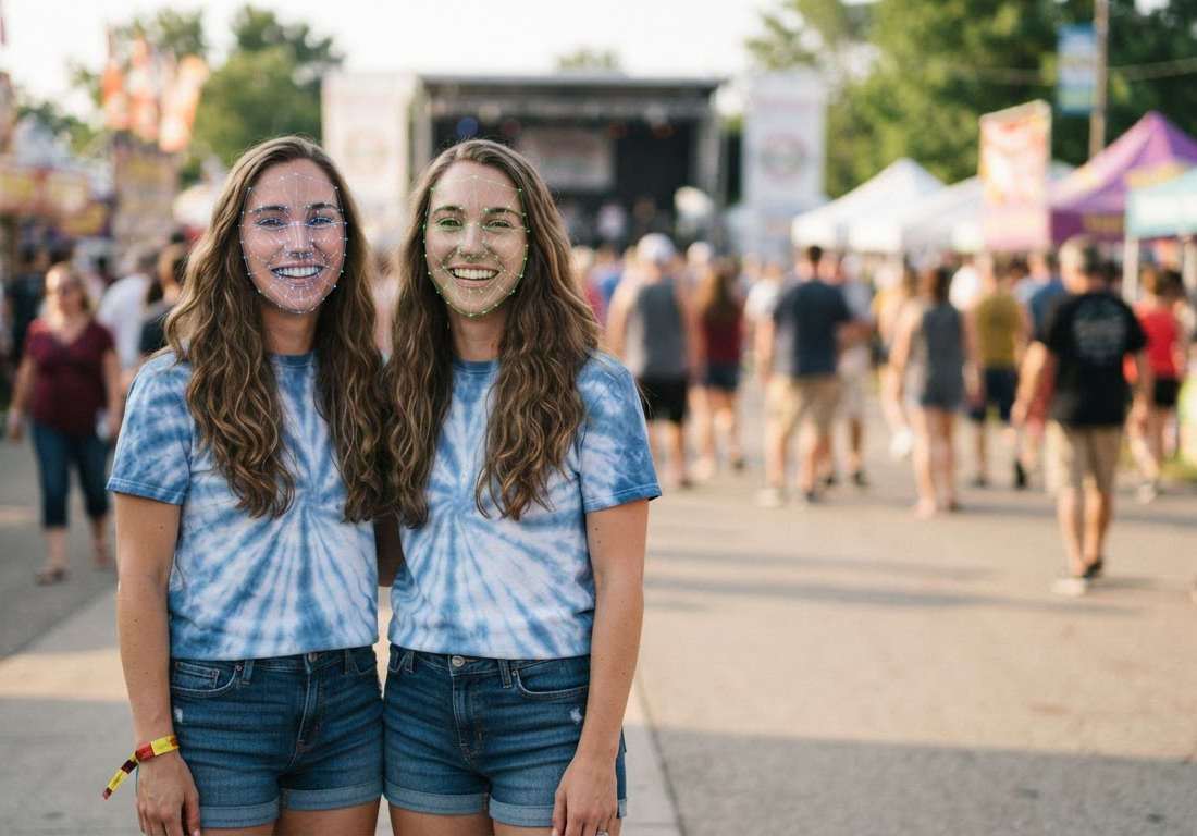 Dois homens gêmeos idênticos posam lado a lado no festival Twins Days, com malhas de análise facial sobrepostas comparando os dois rostos.