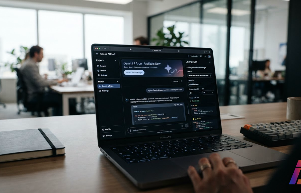 Interface do Google AI Studio em tela de computador, com o modelo Gemini 4 Argon disponível para uso público e painel de API para desenvolvedores aberto ao lado, em ambiente de escritório com luz neutra