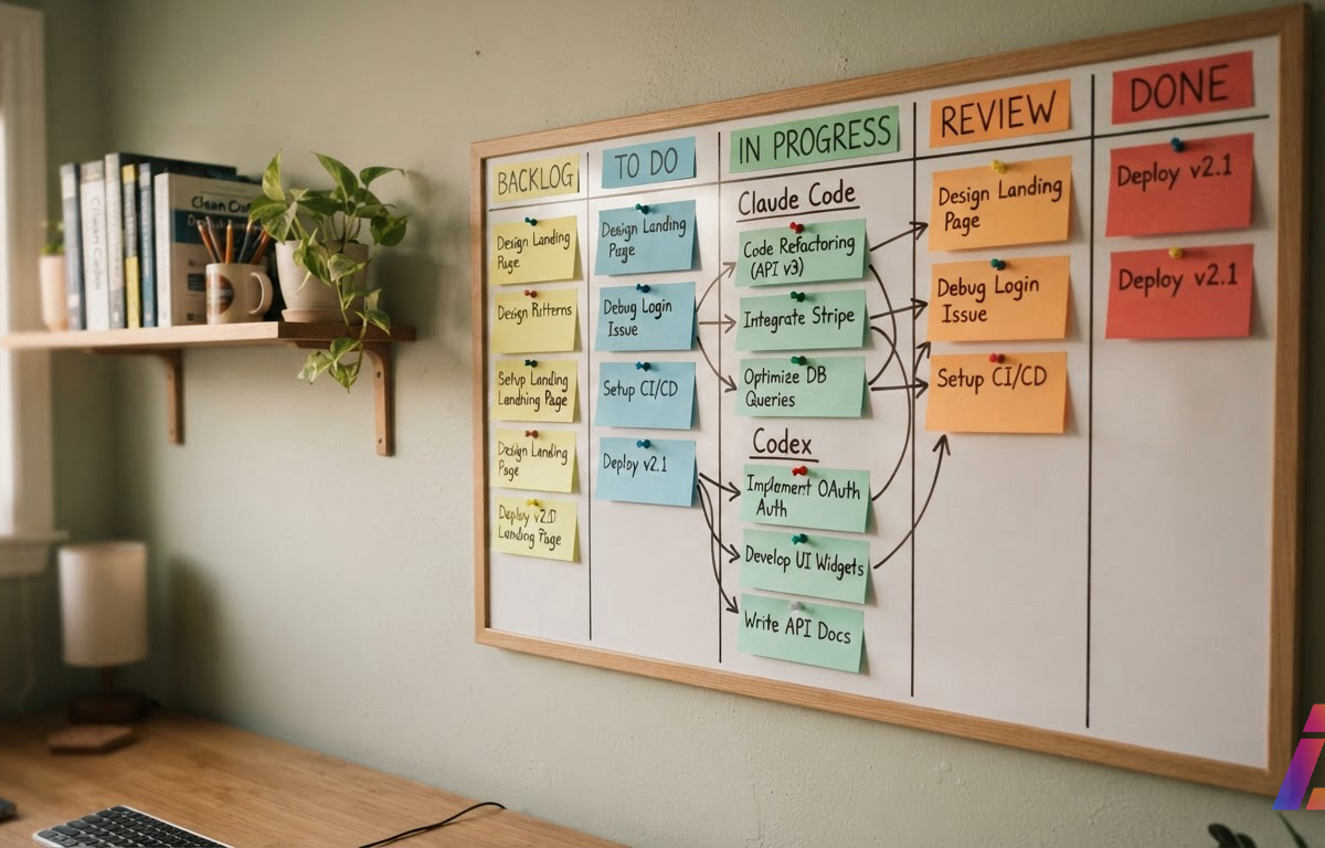 Quadro kanban pendurado na parede de um escritório doméstico, com cartões manuscritos atribuindo tarefas de programação aos nomes Claude Code e Codex e setas ligando os papéis, sob luz lateral suave