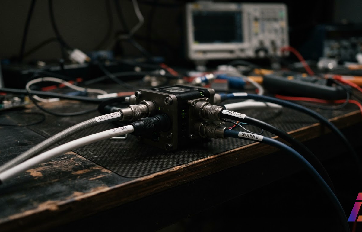 Primeiro plano de um conector central reunindo cabos rotulados OpenAI, Anthropic, Google e Mistral sobre bancada escura de testes, com luz lateral suave e espaço livre no canto inferior direito