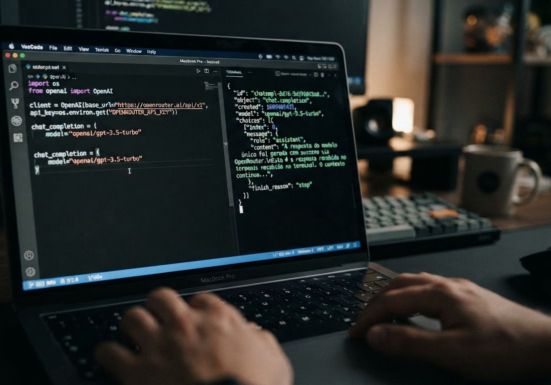 Close de tela com código Python configurando uma URL base de API e terminal exibindo resposta em JSON, composição 16:9 com canto inferior direito livre