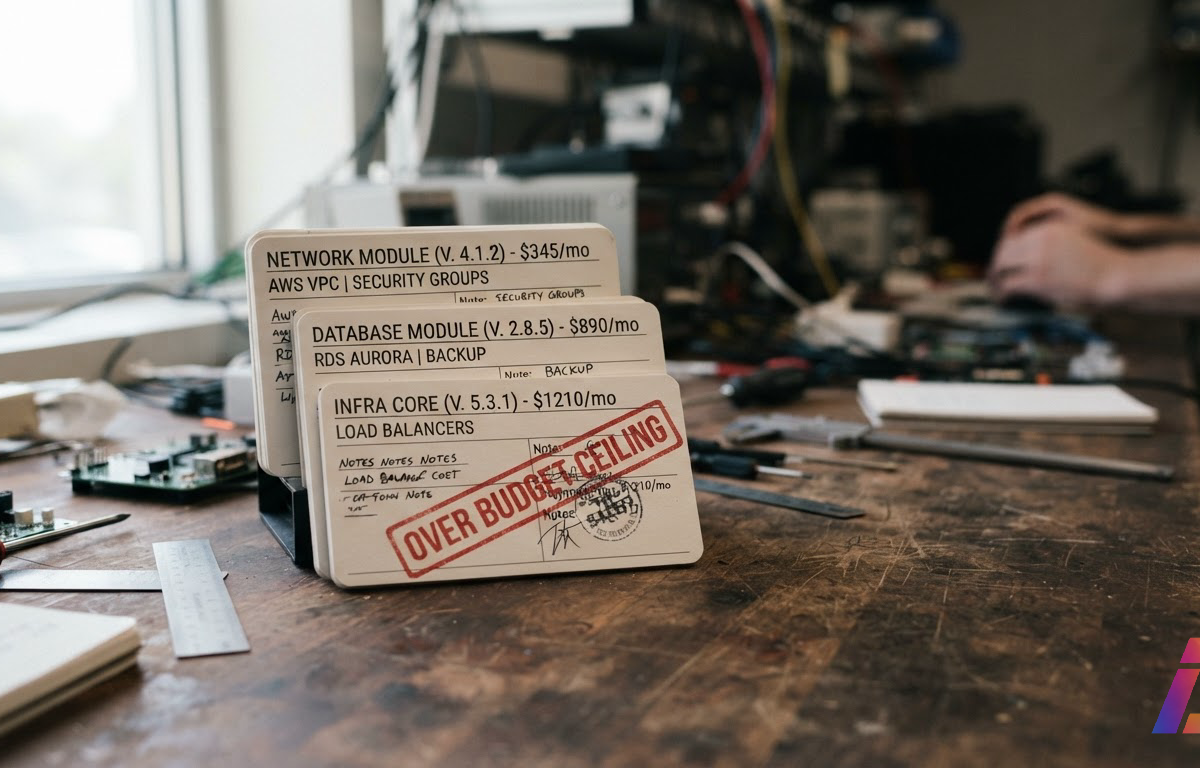 Cartões de módulos de infraestrutura com etiquetas de versão e custo estimado sobre bancada de engenharia, um deles barrado por carimbo de teto de orçamento, sob luz lateral.