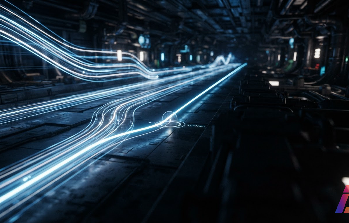 Corredor de trilhas luminosas que se bifurcam em caminhos paralelos, com uma das rotas recomeçando limpa após um ponto de reinício, sob luz lateral em fotografia editorial.