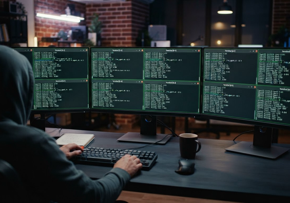 Vários terminais de linha de comando idênticos abertos lado a lado, cada um executando um experimento diferente do mesmo agente em um workspace compartilhado.