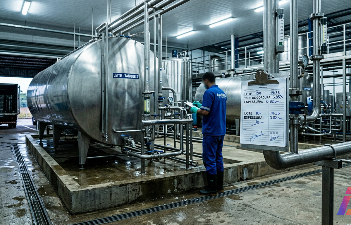 Mãos com luvas seguram cuba graduada com leite sobre bancada de aço inox, ao lado de densímetro digital e centrífuga de bancada; técnico de jaleco branco de costas trabalha na bancada seguinte e, atrás do vidro, tanques cilíndricos e caminh