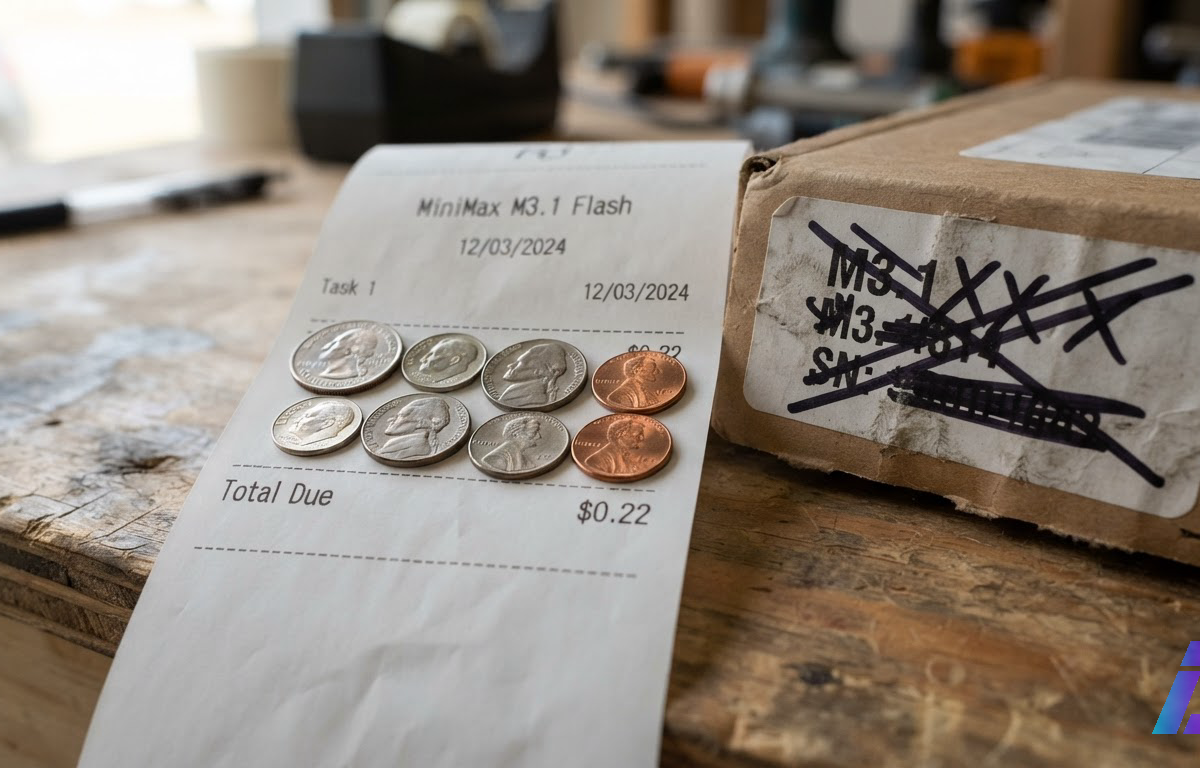 Moedas de dólar somando 22 centavos sobre um recibo impresso, ao lado de uma etiqueta de preço riscada, iluminadas por luz lateral suave