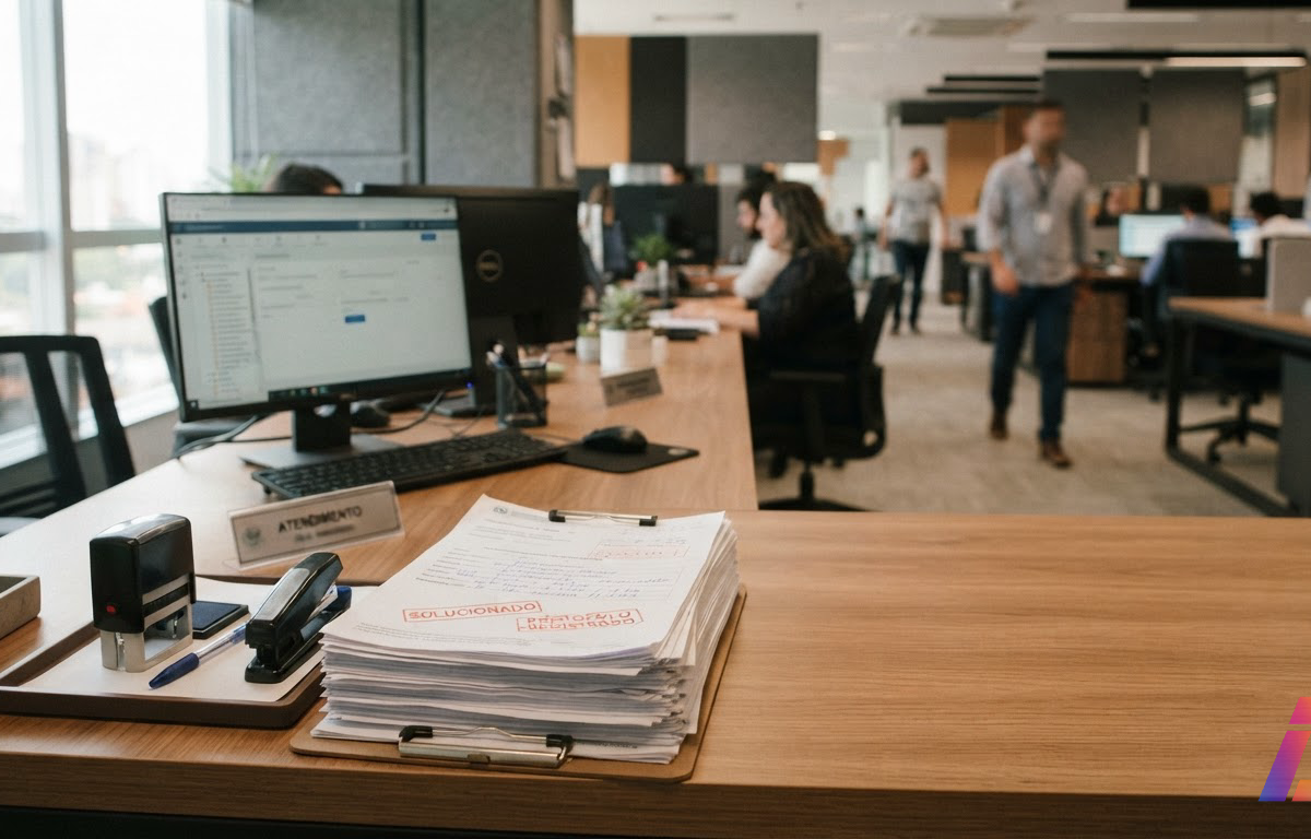 Mesa de atendimento corporativo com pilhas de chamados resolvidos e protocolos carimbados, sob luz natural de escritório
