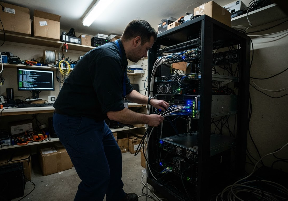 Técnico de costas conecta cabos a um servidor em rack dentro de um pequeno depósito de escritório iluminado por luz fluorescente fria, com caixas e prateleiras ao redor