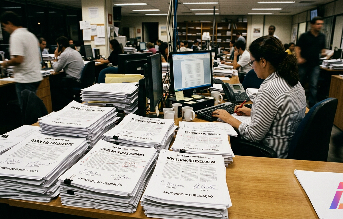 Fotografia de uma mesa de edição de jornal com pilhas de artigos impressos, alguns com assinaturas de repórteres, prontos para revisão antes da publicação; ambiente de redação ao fundo, sem pessoas identificáveis.