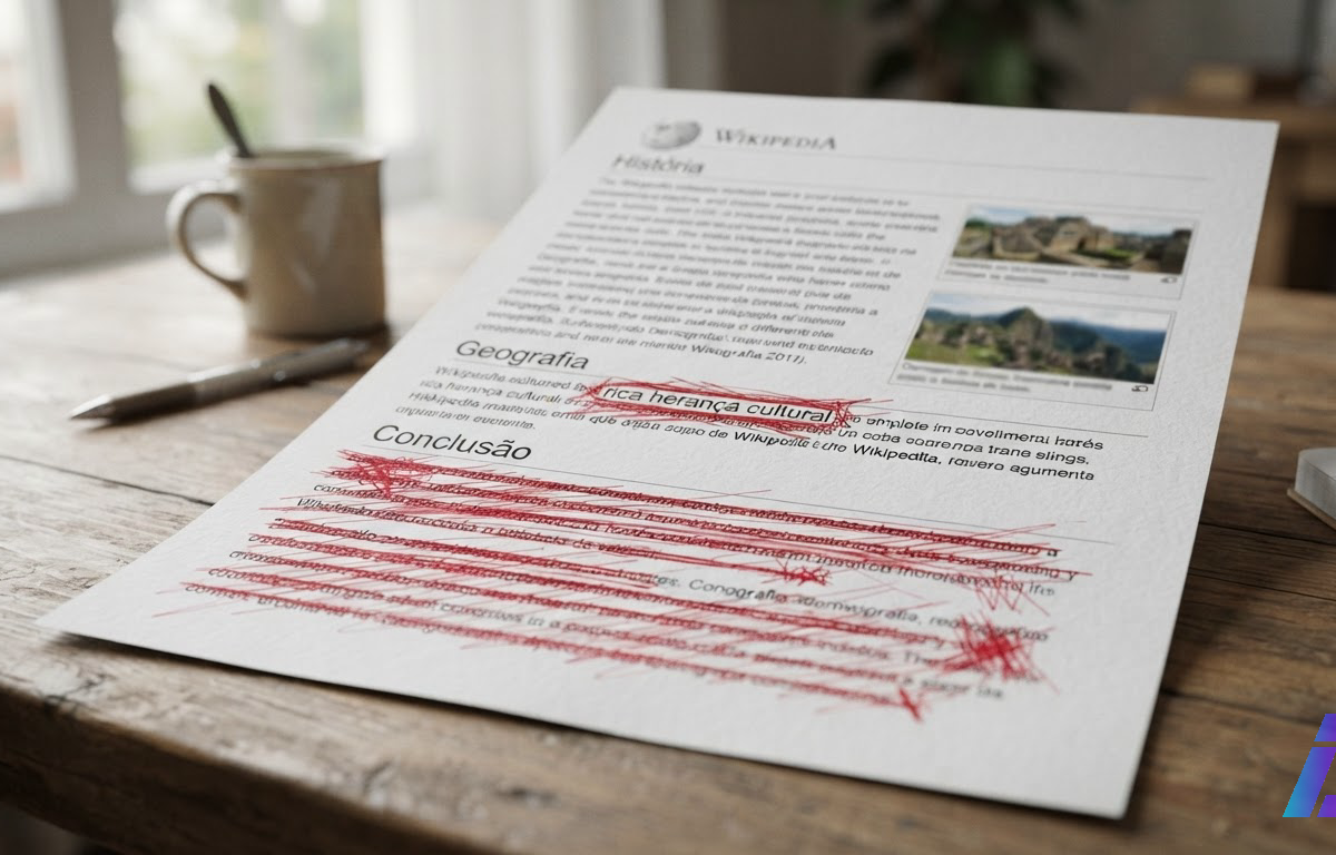 Folha impressa de um verbete enciclopédico sobre uma mesa, com a expressão "rica herança cultural" e uma seção intitulada "Conclusão" riscadas a caneta vermelha, iluminada por luz natural vinda de uma janela