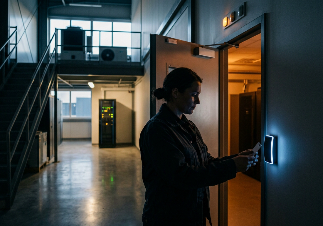 Fotografia editorial em 16:9 de um corredor técnico de datacenter ao fim da tarde: uma engenheira de segurança de jaqueta escura segura com as duas mãos um crachá rígido junto ao peito, prestes a passá-lo num leitor de uma pesada porta cort