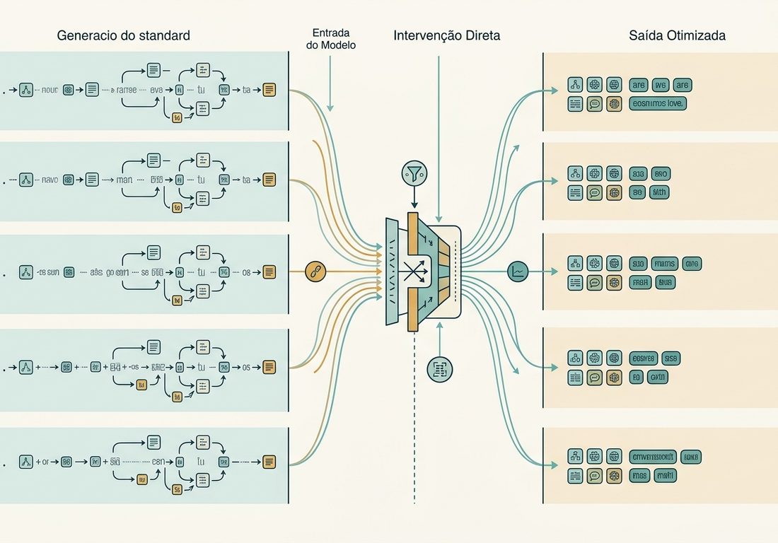 Diagrama conceitual em fundo claro com blocos de texto estilizados e ilegíveis dispostos em colunas comparativas, indicando a redução de parágrafos extensos para formulações compactas destacadas em azul-petróleo e âmbar.