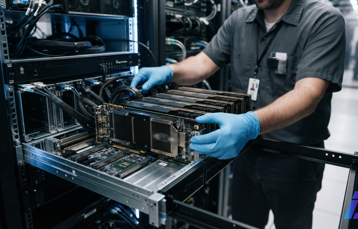 Técnico encaixa placas de GPU numa bandeja de servidor com oito aceleradores, com um slot vazio em primeiro plano, sob luz fria lateral