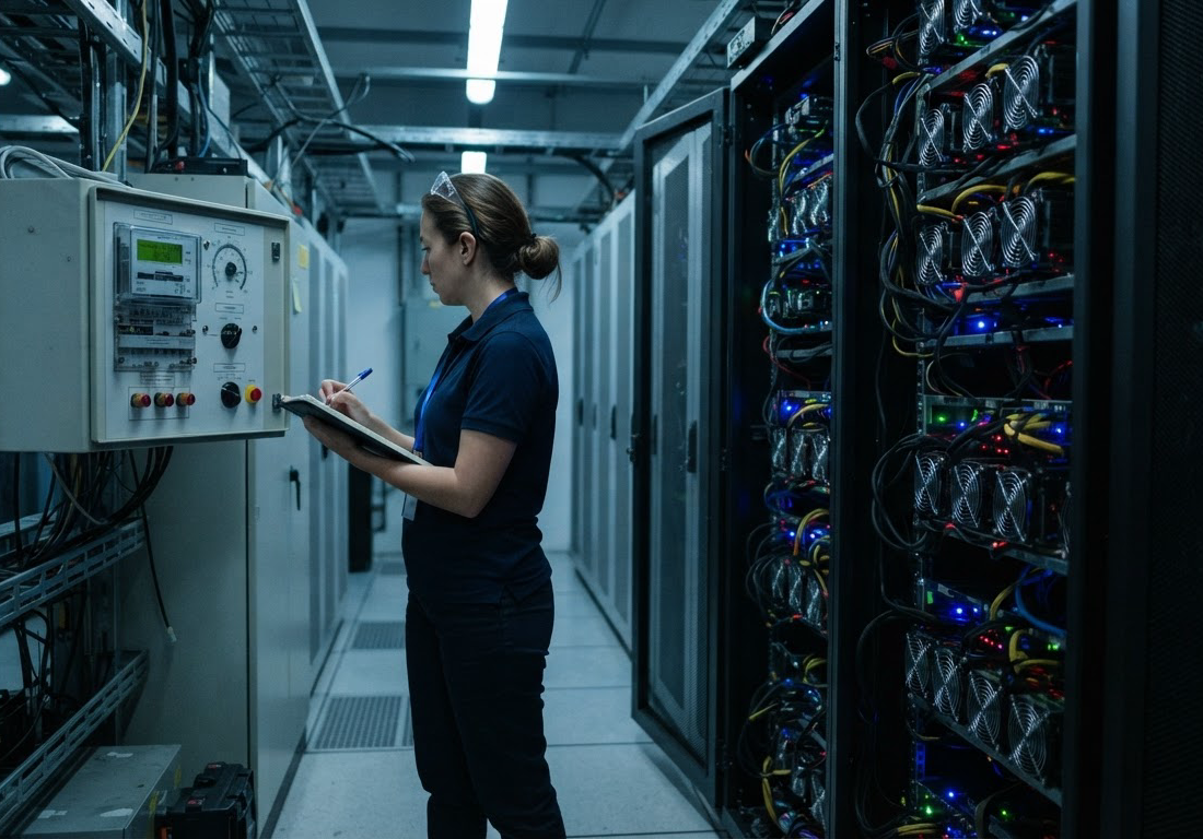 Engenheira, de costas, anota em uma prancheta a leitura de um medidor de energia instalado ao lado de um rack repleto de GPUs, sob luz fria em um corredor de data center.