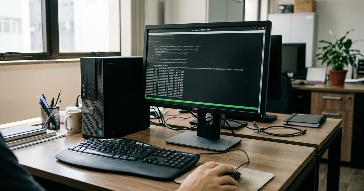 Computador de mesa básico em estação de trabalho iluminada por luz natural, com tela exibindo linhas de processamento limpas sobre mesa de escritório sóbria