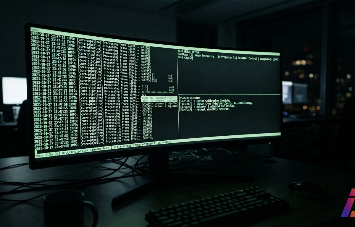 Monitor exibindo terminal com sessões tmux nomeadas por papéis, fila de tarefas e histórico de decisões, sob luz fria noturna de escritório