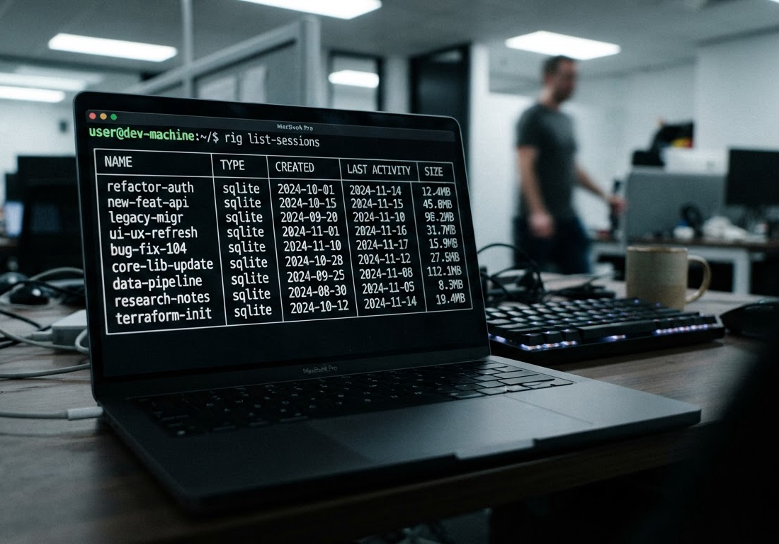 Close de terminal em monitor exibindo o CLI rig com lista de sessões nomeadas persistidas em banco SQLite, sob luz fria de escritório, com canto inferior direito livre