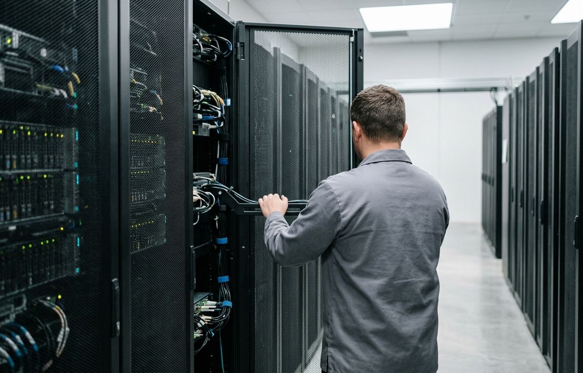 Corredor de centro de dados moderno com racks de servidores em operação e luzes indicadoras suaves refletidas no piso claro