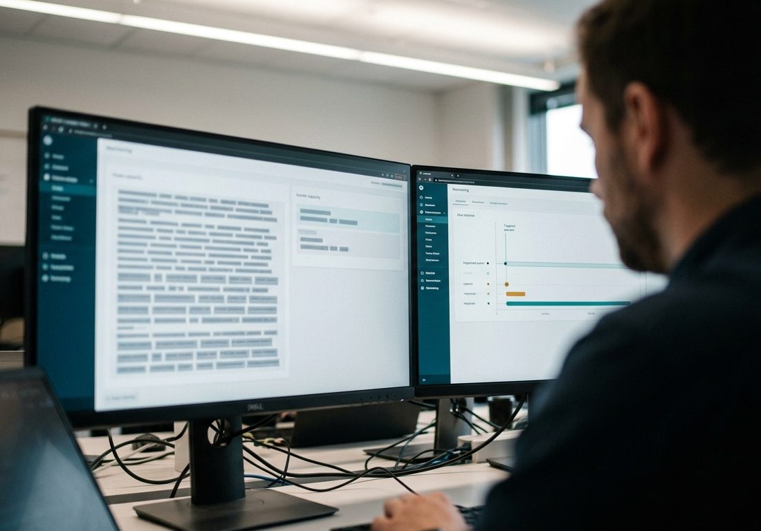 Monitores em ambiente de trabalho focado exibindo painéis gráficos abstratos com métricas de desempenho e curvas de processamento de dados sob iluminação clara e reflexos suaves.