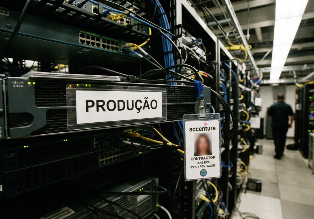 Rack de servidores com etiqueta de produção em sala de escritório sob luz fluorescente, com um crachá de prestador de serviço pendurado ao lado