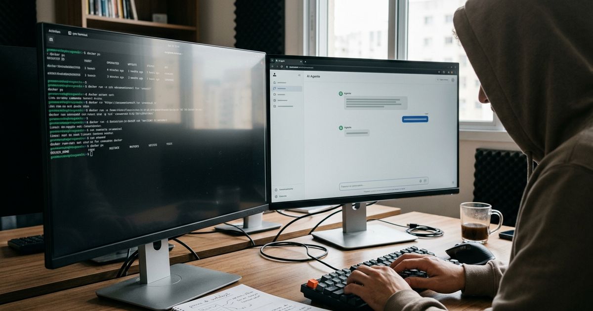 Estação de trabalho com dois monitores exibindo terminal de comandos e interface de chat de agente autoalojado, teclado e mesa organizada em ambiente de escritório com luz natural