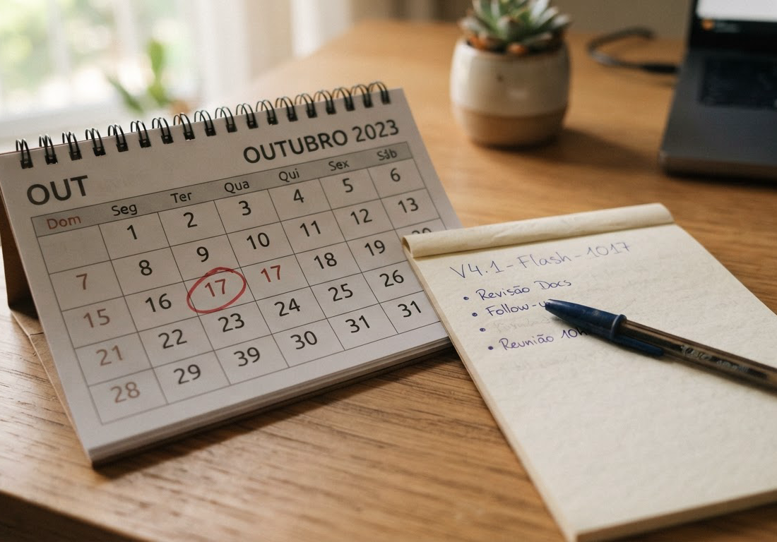 Calendário de mesa com o dia 17 de outubro circulado ao lado de um bloco de papel com anotação manuscrita, iluminados pela luz natural da manhã
